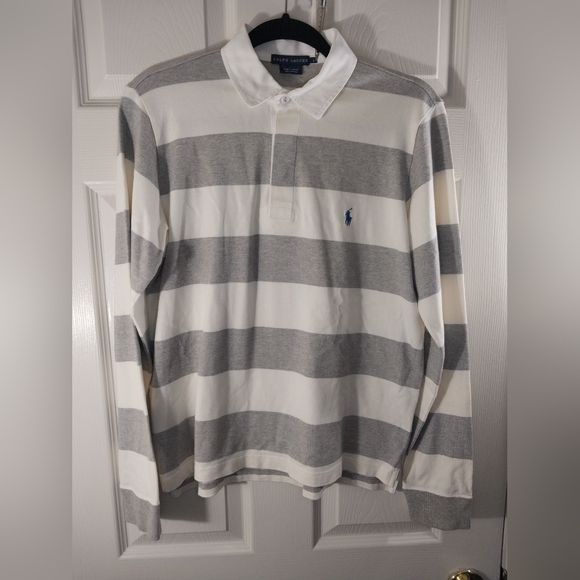 Ralph Lauren Womens Gray and White Striped Polo Rugby Shirt Size L - Picture 2 of 4